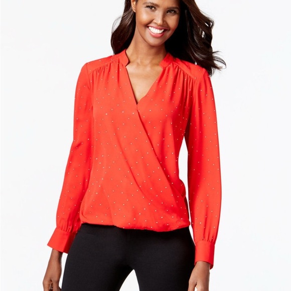 INC, size 4, red sparkly, v neck, criss cross long sleeve blouse, light weight - Picture 1 of 9